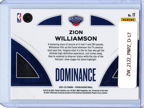 Zion Williamson 2021-22 Prizm, Dominance #17