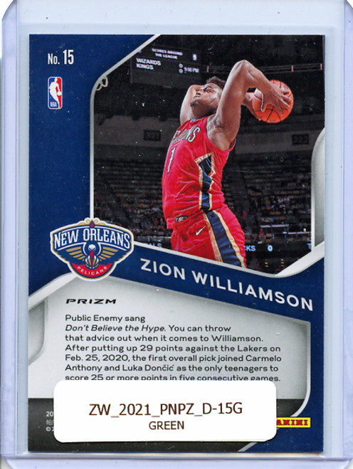 Zion Williamson 2020-21 Prizm, Dominance #15 Green