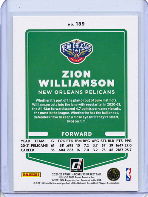 Zion Williamson 2021-22 Donruss #189 Holo Green & Yellow Laser (4)
