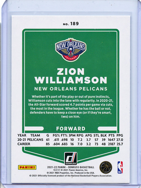 Zion Williamson 2021-22 Donruss #189 Holo Green Laser (1)