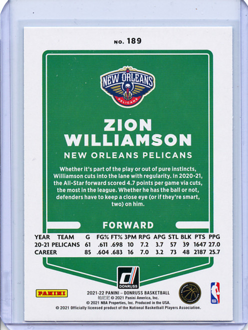 Zion Williamson 2021-22 Donruss #189 Holo Teal Laser (1)