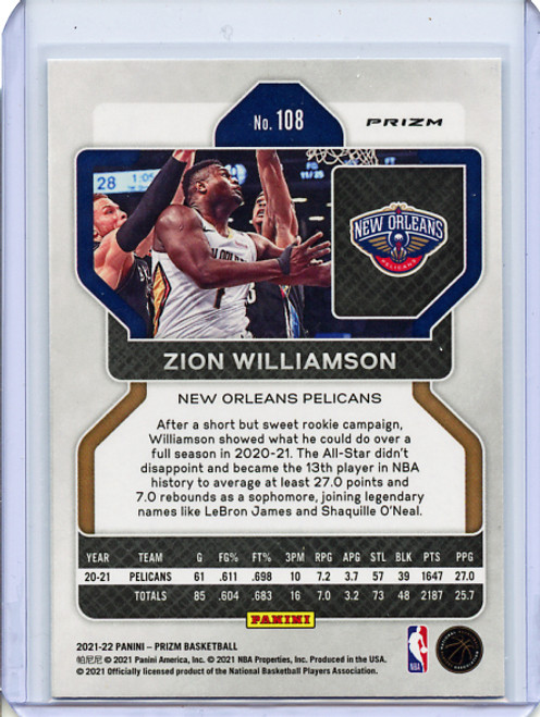 Zion Williamson 2021-22 Prizm #108 Silver (2)