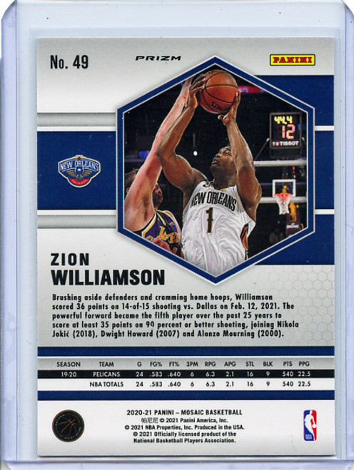 Zion Williamson 2020-21 Mosaic #49 Mosaic Green (6)