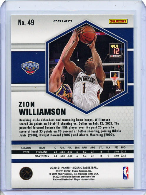 Zion Williamson 2020-21 Mosaic #49 Blue Reactive (5)