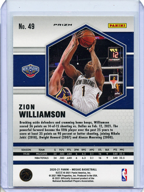 Zion Williamson 2020-21 Mosaic #49 Yellow Reactive (2)
