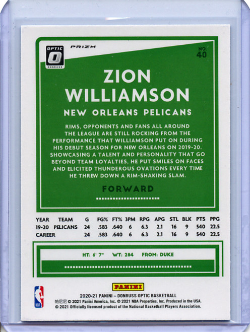 Zion Williamson 2020-21 Donruss Optic #40 Fanatics Box Set Silver Wave (1)