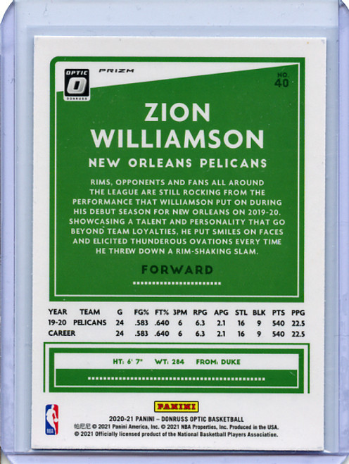 Zion Williamson 2020-21 Donruss Optic #40 Fanatics Box Set Silver Wave (2)