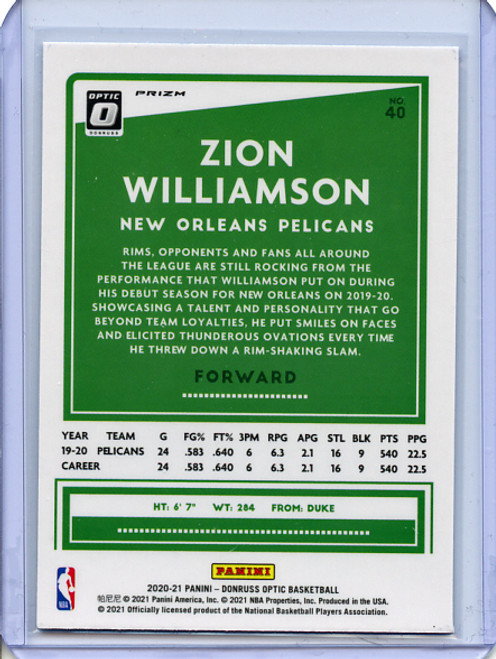 Zion Williamson 2020-21 Donruss Optic #40 Fanatics Box Set Silver Wave (3)