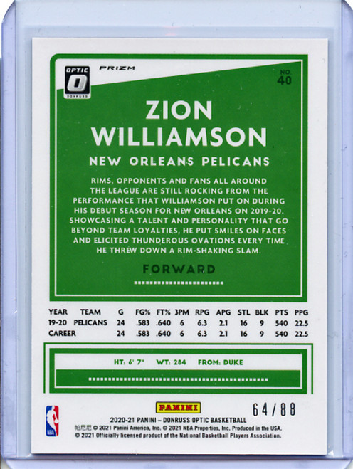 Zion Williamson 2020-21 Donruss Optic #40 Choice Red (#64/88)