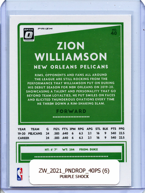 Zion Williamson 2020-21 Donruss Optic #40 Purple Shock (7)