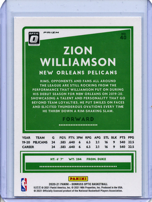 Zion Williamson 2020-21 Donruss Optic #40 Purple (2)