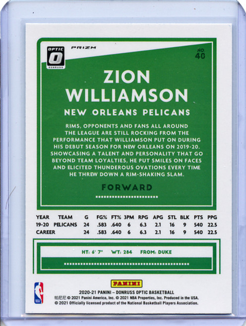 Zion Williamson 2020-21 Donruss Optic #40 Holo (3)