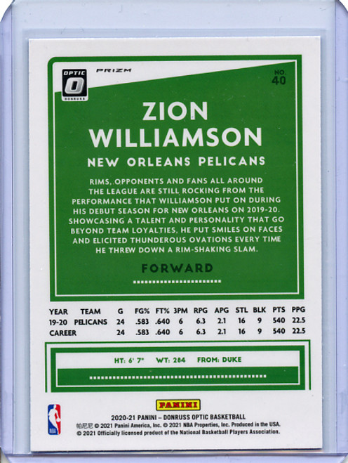 Zion Williamson 2020-21 Donruss Optic #40 Blue Velocity (2)