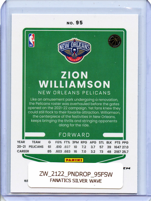 Zion Williamson 2020-21 Donruss Optic #95 Fanatics Box Set Silver Wave