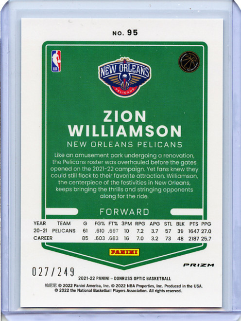 Zion Williamson 2020-21 Donruss Optic #95 Scope (Premium Box Set) (#027/249)