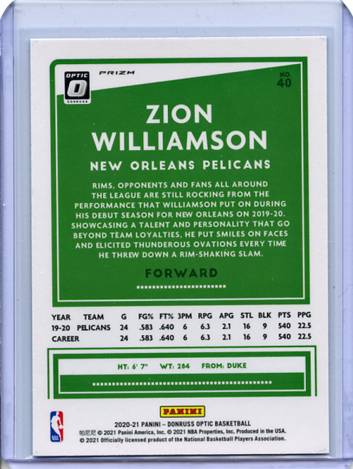 Zion Williamson 2020-21 Donruss Optic #40 Purple Shock (6)