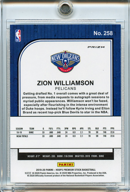 Zion Williamson 2019-20 Hoops Premium Stock #258 Silver Laser (1)