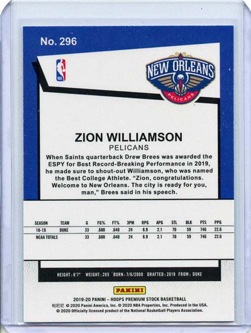 Zion Williamson 2019-20 Hoops Premium Stock #296 Hoops Tribute (4)