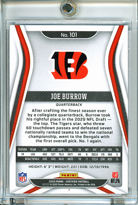 Joe Burrow 2020 Certified #101 Mirror Blue (#08/75) - Small Crease in Top Right (CQ)