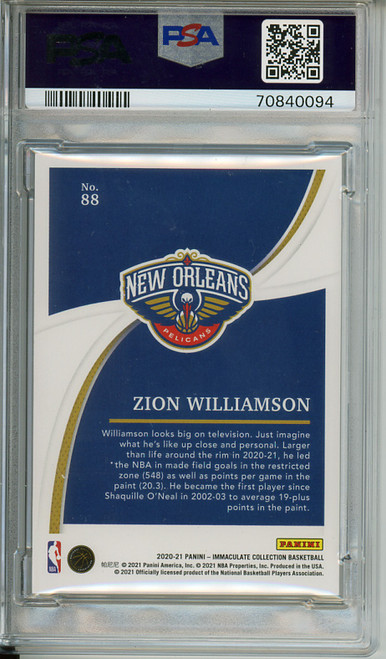 Zion Williamson 2020-21 Immaculate #88 Blue (#09/25) PSA 8 Near Mint-Mint (#70840094)