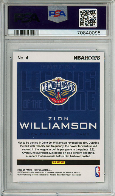 Zion Williamson 2020-21 Hoops, Future Legends of the Game #4 Silver (#011/199) PSA 10 Gem Mint (#70840095)