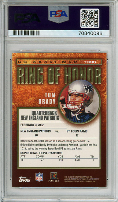 Tom Brady 2002 Topps, Ring of Honor #TB36 PSA 9 Mint (#70840096) (CQ)