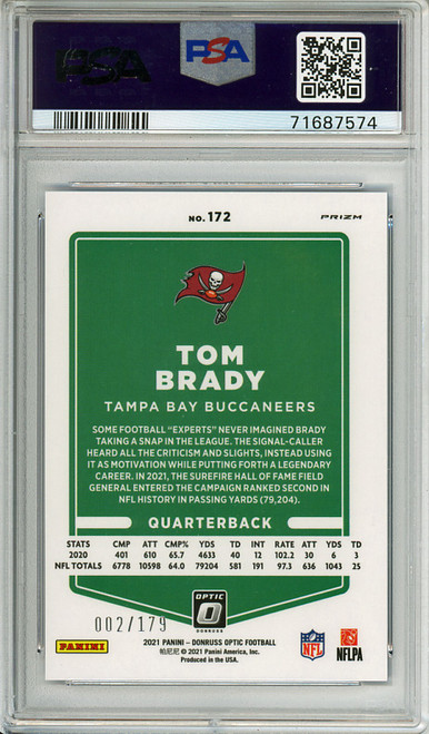 Tom Brady 2021 Donruss Optic #172 Blue (#002/179) PSA 9 Mint (#71687574) (CQ)