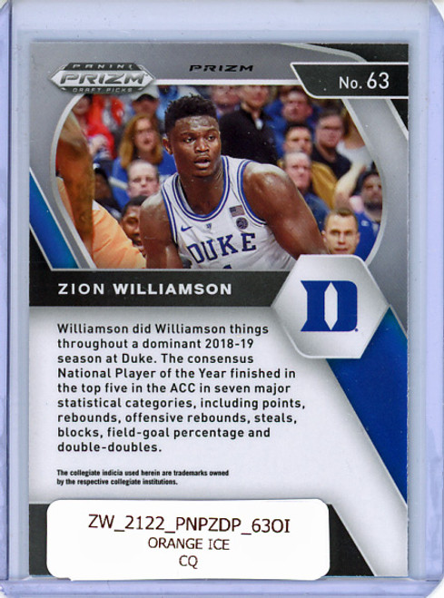 Zion Williamson 2021-22 Prizm Draft Picks #63 Orange Ice (CQ)