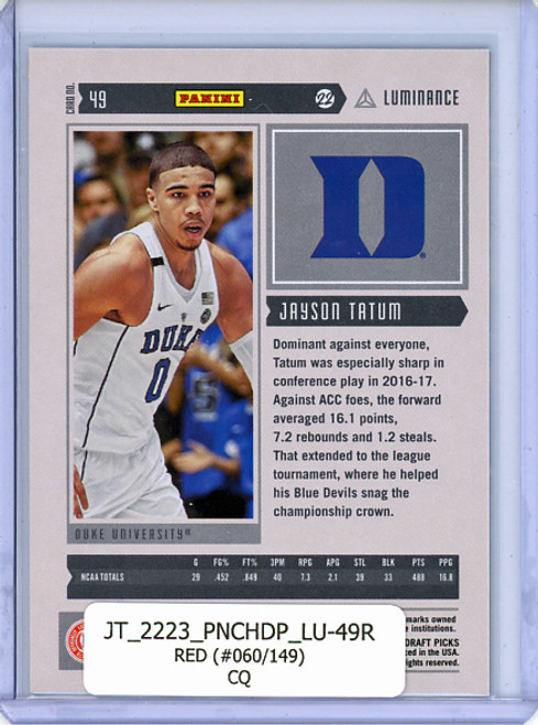 Jayson Tatum 2022-23 Chronicles, Luminance #49 Red (#060/149) (CQ)