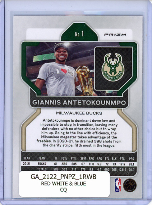 Giannis Antetokounmpo 2021-22 Prizm #1 Red White & Blue (CQ)