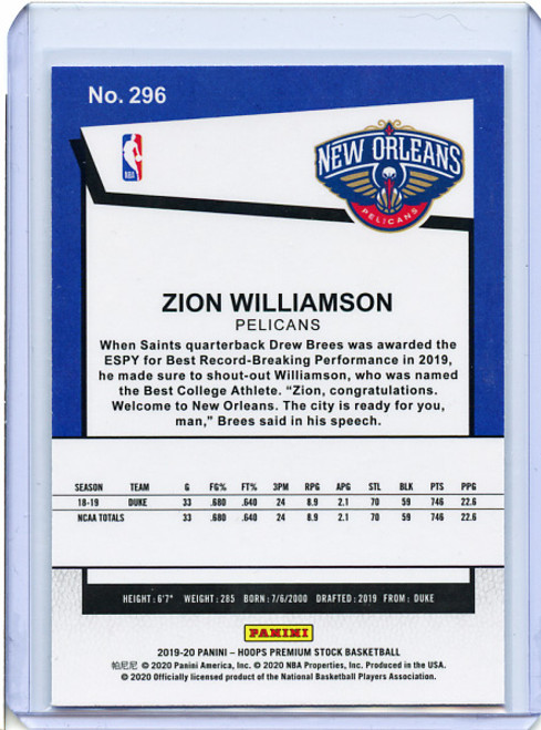 Zion Williamson 2019-20 Hoops Premium Stock #296 Hoops Tribute (6)