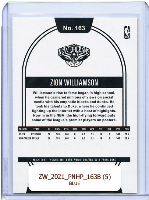 Zion Williamson 2020-21 Hoops #163 Blue (5)
