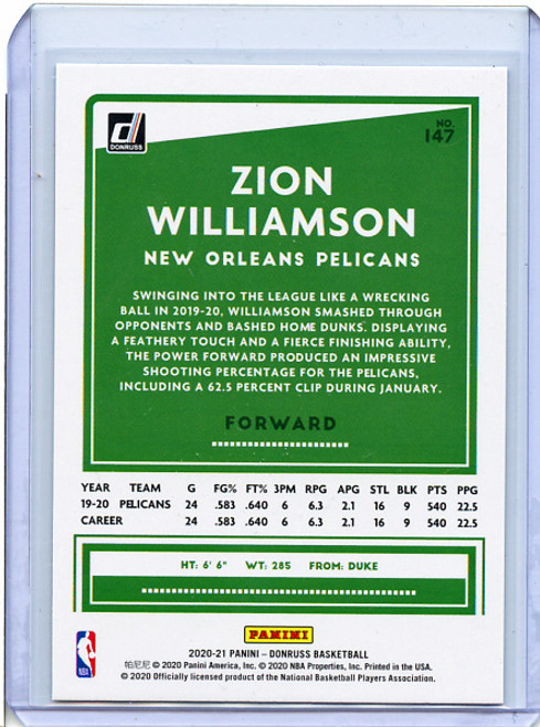 Zion Williamson 2020-21 Donruss #147 Holo Green and Yellow Laser (1)