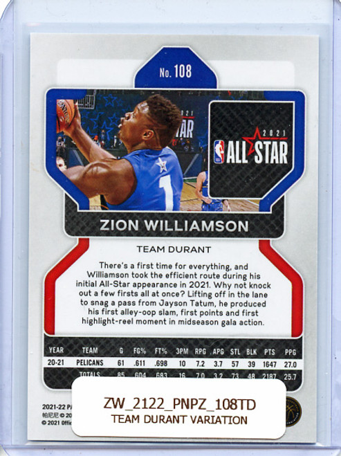 Zion Williamson 2021-22 Prizm #108 Team Durant Variation