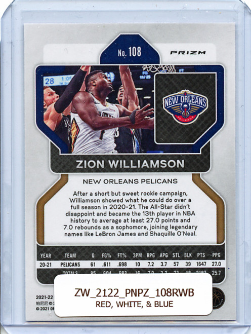 Zion Williamson 2021-22 Prizm #108 Red, White, Blue