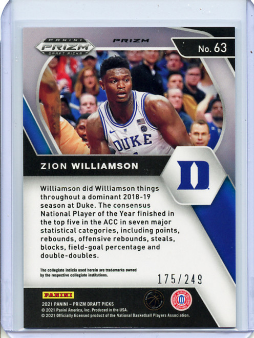 Zion Williamson 2021-22 Prizm Draft Picks #63 Blue Wave (#175/249)