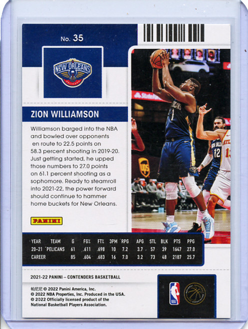 Zion Williamson 2021-22 Contenders #35 Playoff Ticket (#044/249)