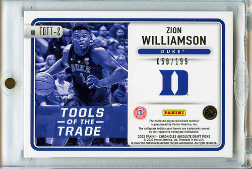 Zion Williamson 2022-23 Chronicles Draft Picks, Absolute Memorabilia Tools of the Trade #TOTT-2 Red (#058/199)