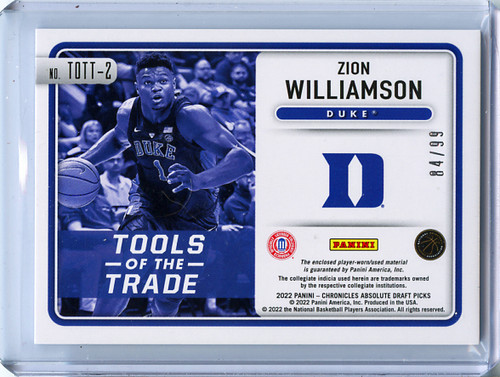 Zion Williamson 2022-23 Chronicles Draft Picks, Absolute Memorabilia Tools of the Trade #TOTT-2 Blue (#84/99)