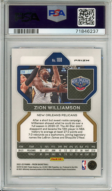 Zion Williamson 2021-22 Prizm #108 75th Anniversary PSA 10 Gem Mint (#71846237)