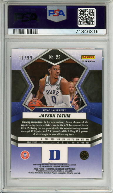 Jayson Tatum 2022-23 Chronicles Draft Picks, Mosaic #23 Blue (#31/99) PSA 10 Gem Mint (#71846315) (CQ)