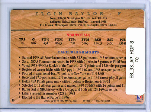 Elgin Baylor 1993 Action Packed Hall of Fame #8 (CQ)