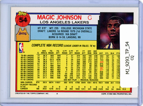 Magic Johnson 1992-93 Topps #54 The Magic is Back (CQ)