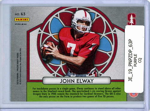 John Elway 2019 Prizm Draft Picks #63 Stained Glass Purple (CQ)