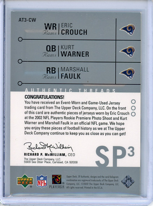 Eric Crouch, Kurt Warner, Marshall Faulk 2002 SP Authentic, Threads Triples #AT3-CW (#004/250) (CQ)