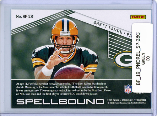 Brett Favre 2019 Donruss Elite, Spellbound #SP-28 "E" Green (CQ)