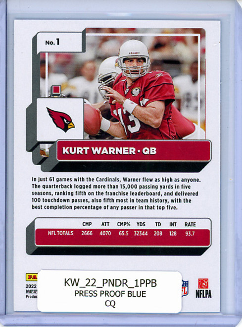 Kurt Warner 2022 Donruss #1 Press Proof Blue (CQ)