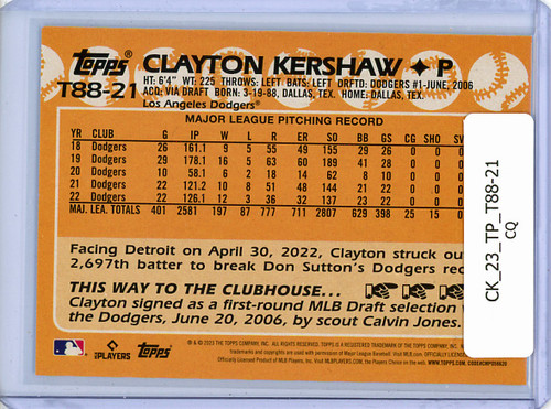 Clayton Kershaw 2023 Topps, 1988 Topps #T88-21 (CQ)