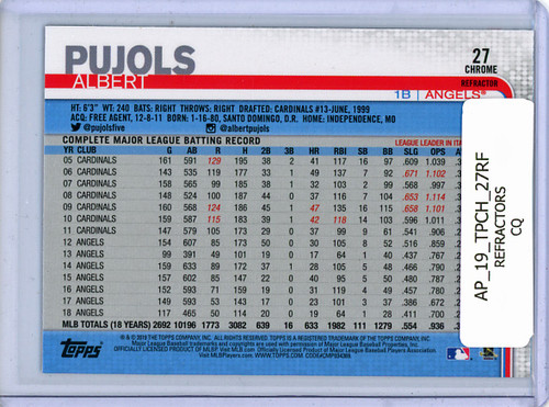 Albert Pujols 2019 Topps Chrome #27 Refractors (CQ)