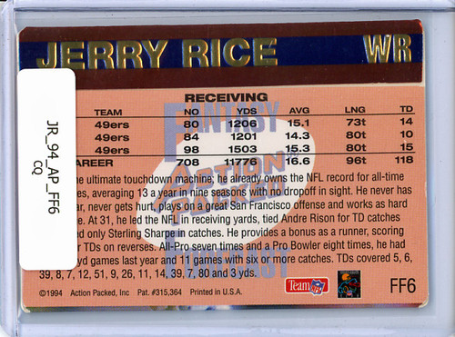 Jerry Rice 1994 Action Packed, Fantasy Forecast #FF6 (CQ)